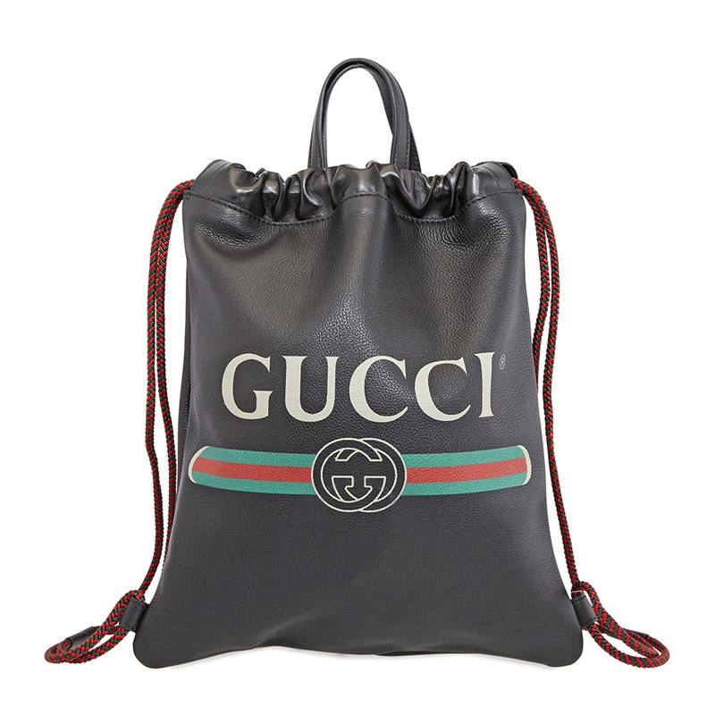 Gucci 新款黑色皮质logo男士女士通用抽绳双肩包 523586-0gcbt-8163